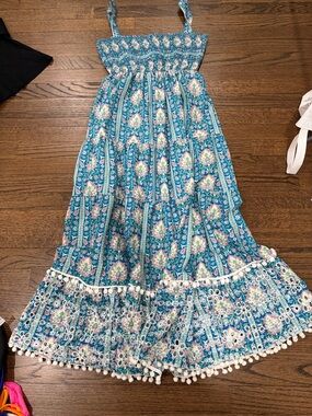 Trendy boutique Blue Floral Maxi Dress with White Trim